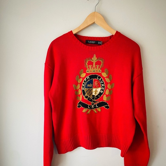 Ralph Lauren Intarsia Red Crest Crew Neck Sweater RARE - Picture 1 of 8